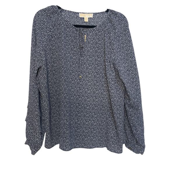 Michael Kors Floral Long Sleeve Blouse,Tie front,MK Logo on Drawstring,SZ L, NWT - Picture 3 of 6